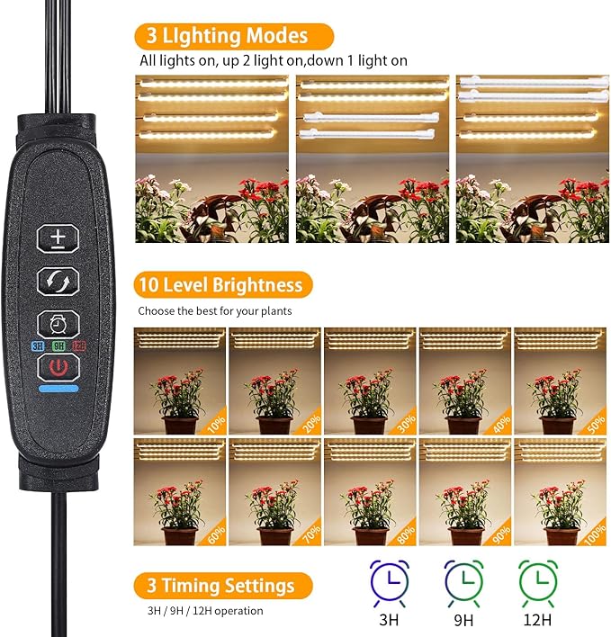 8.6 Inches LED Plant Growing Light Strips, Full Spectrum 3000K Grow Light for Indoor Plants with 3/9/12H Timer, 10 Dimmable Levels for Seedling Succulent and Plant Shelf (4 Head×2pcs)
