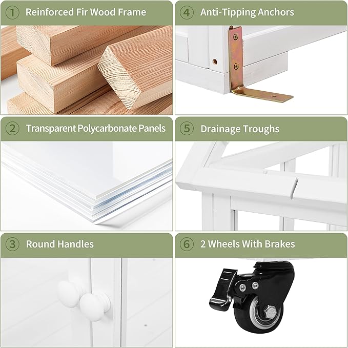 Garden Wood Portable Cold Frame - Mini Greenhouse with Wheels, Open Roof & Storage (White + Beige + Beige)