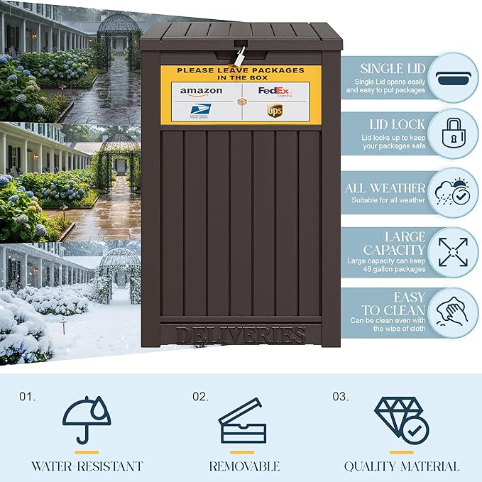 49 Gallon Package Delivery Boxes for Outside, Outside Storage Box Waterproof with Sign, Lockable Storage Box, Large Double-Walled Resin Weatherproof Deck Box for Porch and Patio, Brown