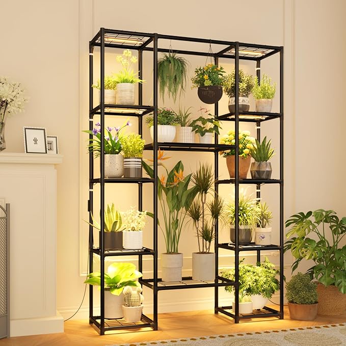 Plant Stand with Grow Lights Large Plant Shelf Indoor Plant Cabinet Hanging Plant Rack Metal Plant Holder for Multiple Plants for Living Room Patio Balcony Garden Black