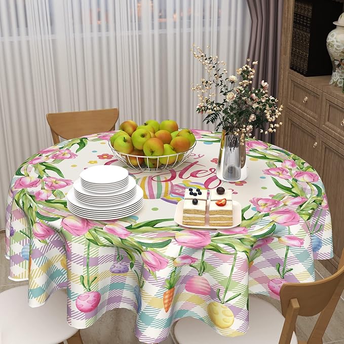 Giwawa Happy Easter Round Tablecloth 60inch -Watercolor Spring Flower Tulips Plaid Polyester Table Covers, Washable Indoor Table Cloths Holiday Decor for Farmhouse Kitchen Backyard BBQ Party
