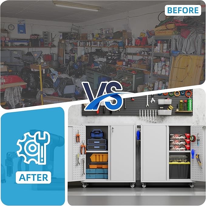 Metal Tool Cabinet with Pegboard and Hooks,Garage Storage Cabinet with Wheels and 2 Lockable Doors for Garage,Home,Office,Assembly Required,White,13.8" D x 26" W x 34.3" H