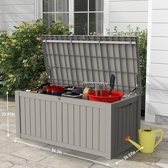 Mars Villa 119 Gallon Outdoor Storage Box, Large Resin Deck Box Waterproof, Storage Bin for Outside Patio Furniture Cushions, Pool Supplies, with Hydraulic Hinge, UV Resistant and Weatherproof, Greige