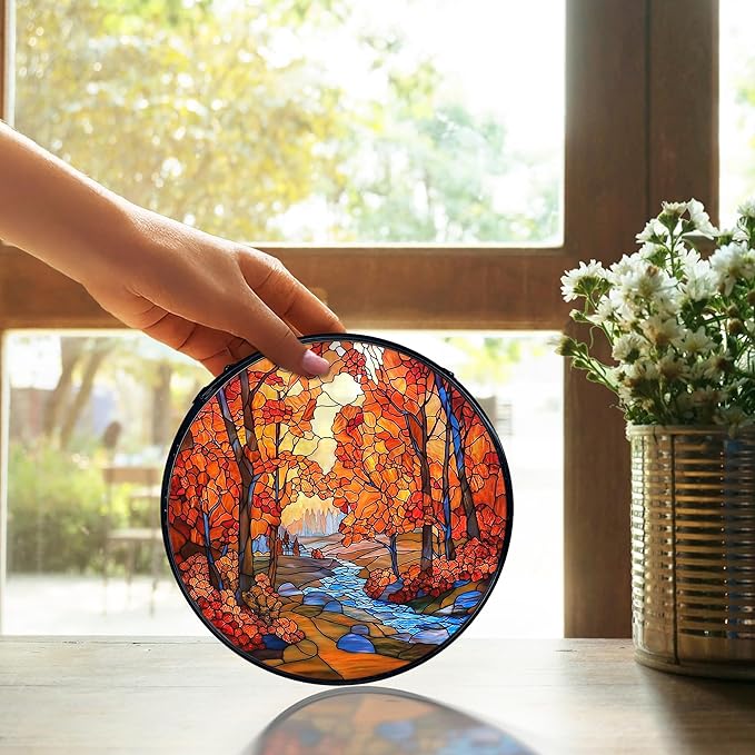 TNUW Fall Autumn Stained Glass Window Hanging, Rustic Autumn Forest Landscape Sun Catchers Indoor Window Glass Round Wall Art Decor, Fall Wall Hanging Decorations, 7.9＂x7.9＂