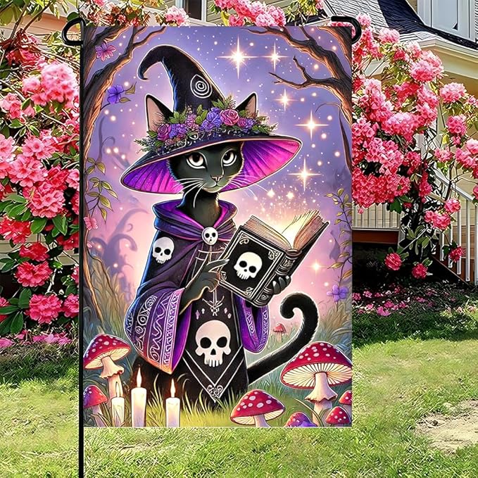 Halloween Garden Flag 11.81 x 17.72 Inch Black Cat in Witch Hat with Magic Book Candles Mushrooms and Starry Night Outdoor Yard Decoration for Holiday Party