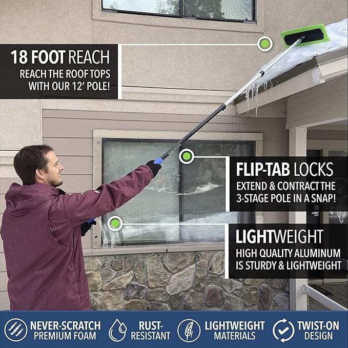 EVERSPROUT Never-Scratch SnowBuster and Ice Scraper 5-to-12 Foot (Up to 18 ft Standing Reach) | Pre-Assembled Extendable Roof Rake for Snow Removal | Lightweight Aluminum, Soft Foam Pad