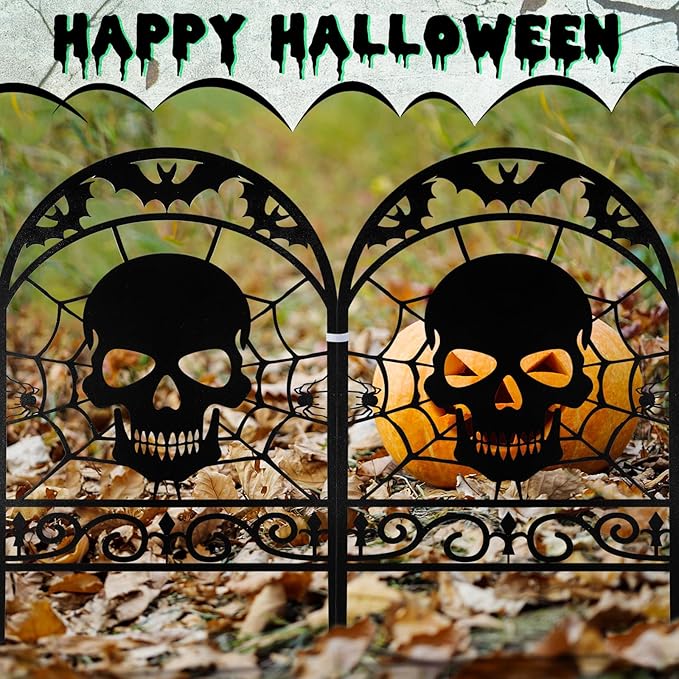 6 Pack Halloween Skull Fence Outdoor Decoration Spooky Graveyard Fence for Halloween Yard Party Decor, Black Metal Decorative Garden Stake Yard Sign for Lawn Porch, 16.5''h x 11.8''w