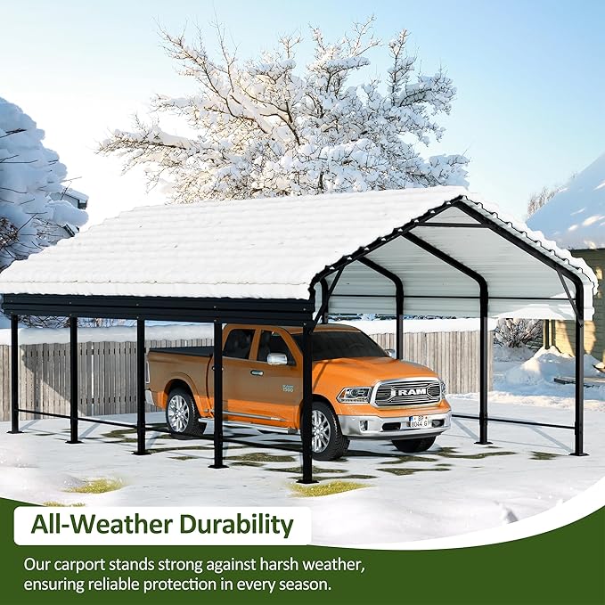 JAMFLY Carport, 12X20 FT Metal Carports, Heavy Duty Carport Canopy with Galvanized Steel Roof and Frame, Metal Car Garage Upgraded Extra Large Garage for Pickup, Boat, Car and Tractors
