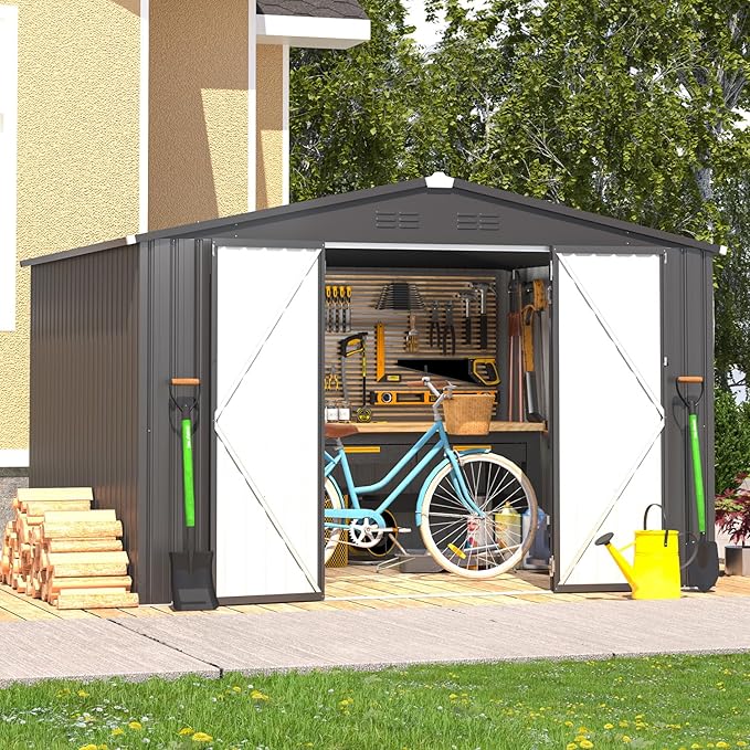 AECOJOY 10' x 8' Shed, Outdoor Metal Storage Shed, Dark Grey Sheds & Outdoor Storage 8x10 Clearance, Steel Yard Shed with Lockable Doors, Utility and Tool Storage for Garden, Backyard, Patio, Outside