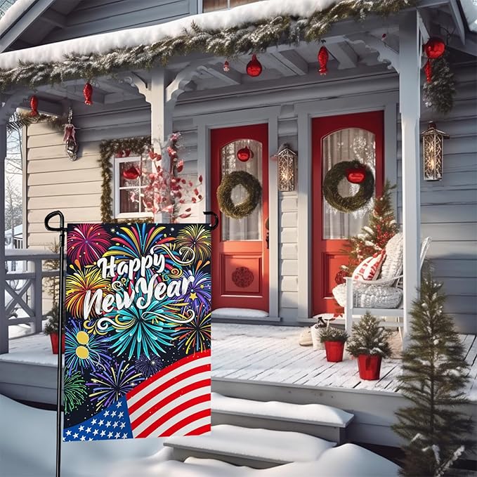 Happy New Year Garden Flag New Year Eve Yard Flags Double Sided American Flag Fireworks House Banner Balloon Holiday Celebration Party Garden Flags for Winter Festival Greetting 12x18 Inch