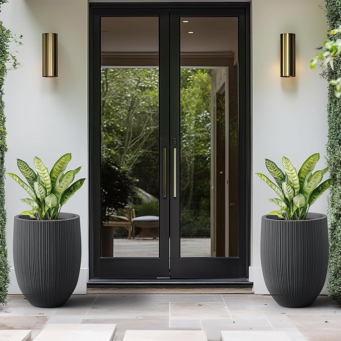 Kante Round Fluted Concrete Planter, 16.9-Inch Dia Barrel-Style Pot with Drainage Hole, Black Finish with Warm Brown Interior, 13.7" Opening, for Indoor and Outdoor Use