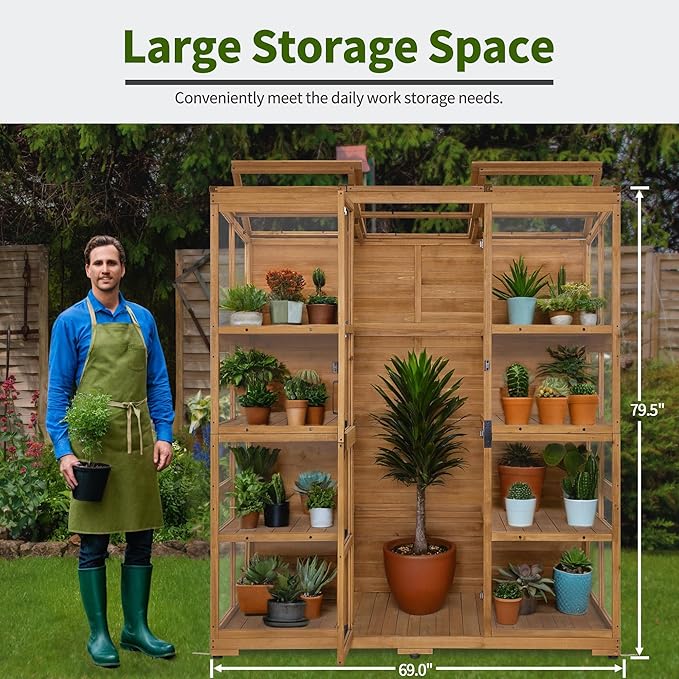 Macrout Wooden Walk-in Greenhouse with Acrylic Panels, Large Greenhouse Outdoor with Openable Roof Vents with Lockable Door, G976