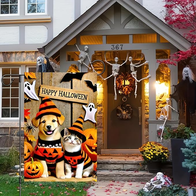 Happy Halloween Garden Flag Double Sided 12x18 Flag Cute Cat And Dog Pumpkin Garden Flag Sweaters And Witch Hats Jack-O'-Lanterns And Ghosts Outdoor Yard Lawn Decoration Banner