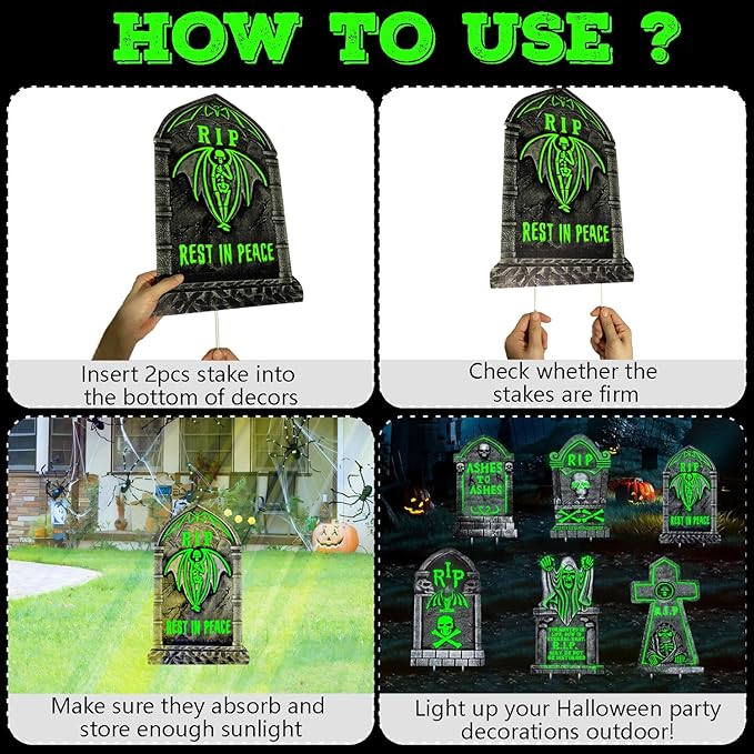 Large Halloween Tombstones Decorations, 6 Pack 16.5"x10" Light Up Tombstone for Graves, Plastic Spooky Outdoor Halloween Gravestone, Waterproof Cemetery Grave Decor with 12 stakes for Yard Lawn Party