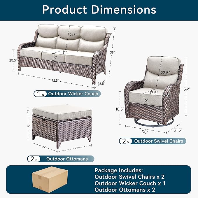 Luxury High Back Outdoor Furniture with 6-Inch Thick Cushions, Patio Furniture Set with Swivel Chairs, 5 PCS Wicker Conversation Set for Porch, Balcony, Deck and Yard