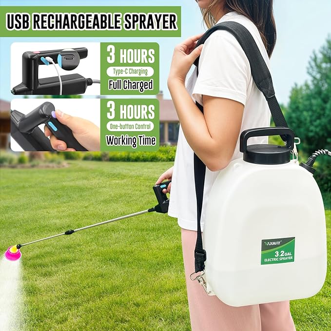 Battery Powered Sprayer 3.2 Gallon, VAXMAY Backpack Sprayer with 5 Mist Nozzles, Electric Garden Sprayer with USB Rechargeable Handle 32" Retractable Wand Portable Weed Sprayer for Lawn, Garden, Yard