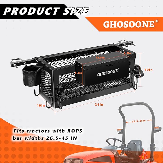 Heavy Duty Tractor Tool Box 24"x 10"x 10" Multi-Function Tractor Accessories, Suitable for Most Tractors and Zero Turn Mower