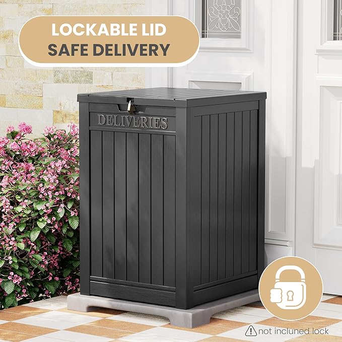 48 Gallon Outdoor Storage Box, Package Delivery Box for Outside with Lockable Secure, Resin Outside Storage Box Waterproof Deck Box for Patio & Pool, Black