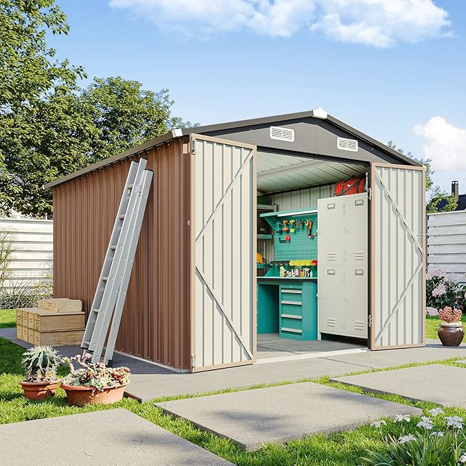 8x12 FT Metal Outdoor Storage Shed, Dual Doors with Lockable Bolts, Large Garden Shed for Yard Tools, Bike, Generator, Waterproof Galvanized Steel Panel with Vent & Sloping Roof（Brown）