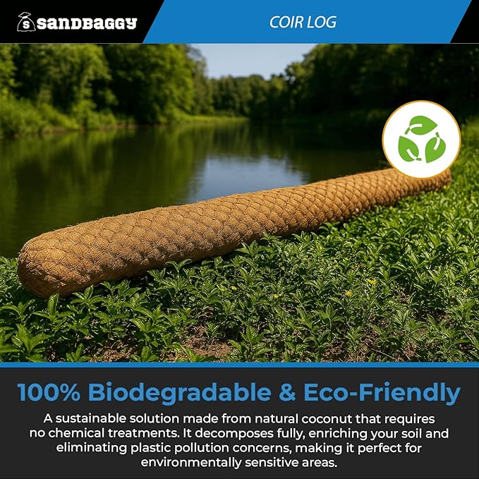 Sandbaggy Coir Fiber Log – 16" Diameter | 100% Biodegradable Erosion Control - Coconut Fiber - Slope Erosion (16" x 10 ft, 1, Count)