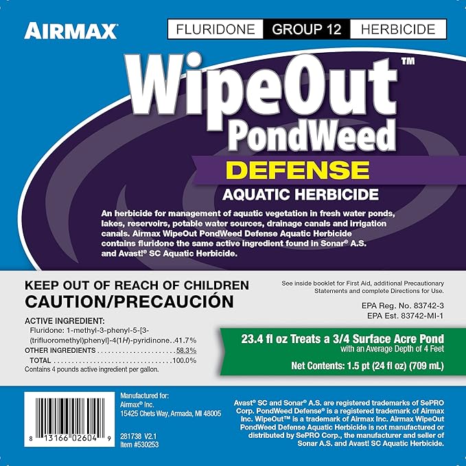 Airmax Wipeout Pond Weed Defense, Herbicide & Aquatic Weed Control, Controls Duckweed & Other Unwanted Submerged & Floating Vegetation, Easy-to-Use & Long Lasting, All-Season Treatment - 24 Ounce