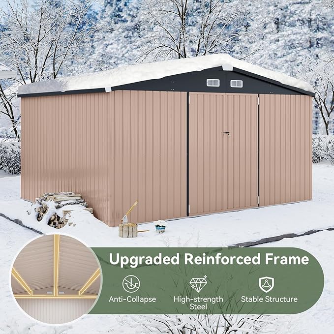 Aoxun 12x10 FT Shed Outdoor Storage Shed with Spacious Doors, Large Shed Steel Utility Tool Shed Storage House with Door & Lock, Metal Sheds with Sloped Roof for Garden Patio Lawn Poolside, Brown