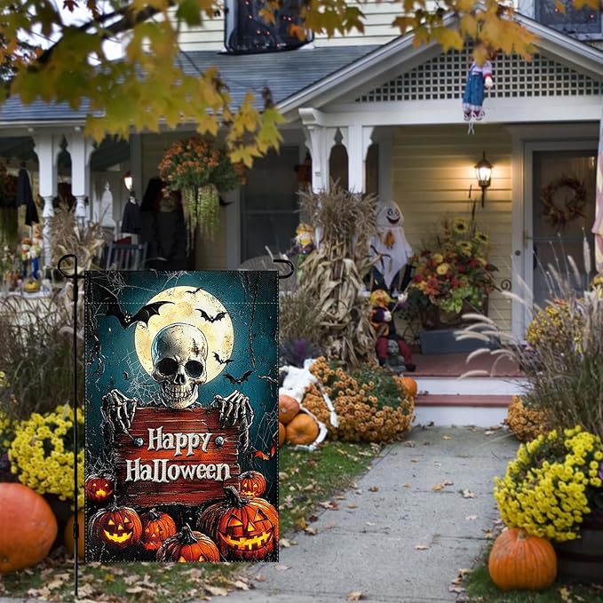Halloween Garden Flag 12 x 18 Inch Double Sided Skeleton Pumpkin Designs Happy Halloween Fall Autumn Burlap Yard Flag for Outside Rustic Yard Outdoor Holiday Home Decoration