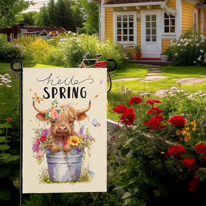 Hello Spring Garden Flag Highland Cow Polyester Yard Flag Double Sided Vertical 12x18 Inch Farmhouse Butterfly Floral Garden Flags Rustic Daisy House Banner for Seasonal Outdoor Decoration