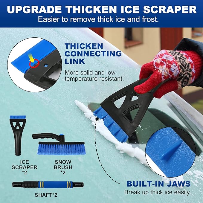 2Pack Ice Scrapers for Car Windshield, 2-in-1 Snow Scraper and Snow Brush for Car SUV Truck, Car Ice Windshield Scraper for Ice and Snow with 360° Pivoting Brush and Ergonomic Foam Grip Blue