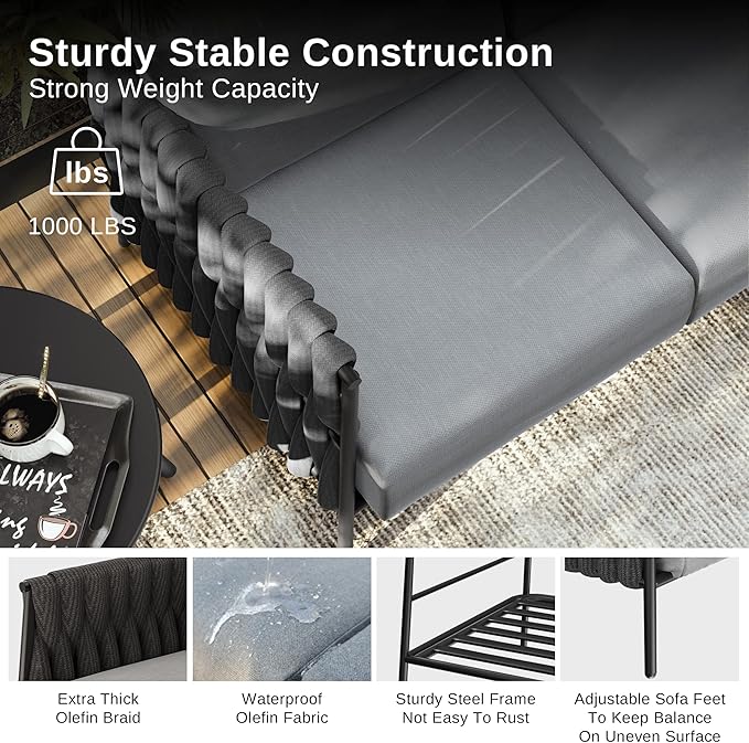 EAST OAK Life Chatter Patio Furniture Set, Outdoor Furniture Corner Sofa Set with Round Coffee Table, 5 Seats Sofa Deep Seating with Thick & Washable Cushions, Earth Black & Misty Grey