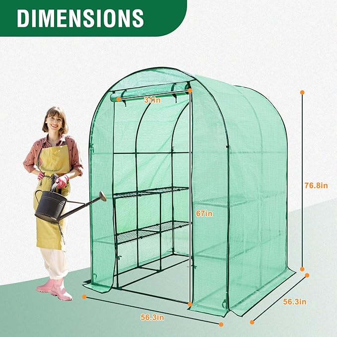 EAGLE PEAK 3-Tier Walk in Portable Greenhouse with 8 Wire Shelves, Indoor and Outdoor Garden House with Roll Up Zipper Door and Windows, Easy Set Up, 56.3"x56.3"x76.8", Clear/Green PE Cover