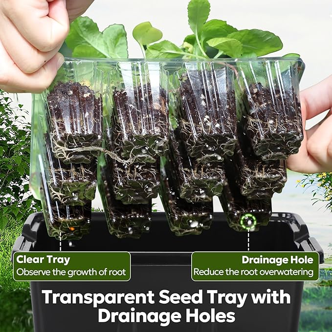 MIXC Seed Starter Kit with Grow Light, Elevated Seedling Tray Kit with Adjustable Humidity Dome and Clear Cell Tray, 12 Full Spectrum Led Beads for Seed Starting Greenhouse, 6 Pack, Black