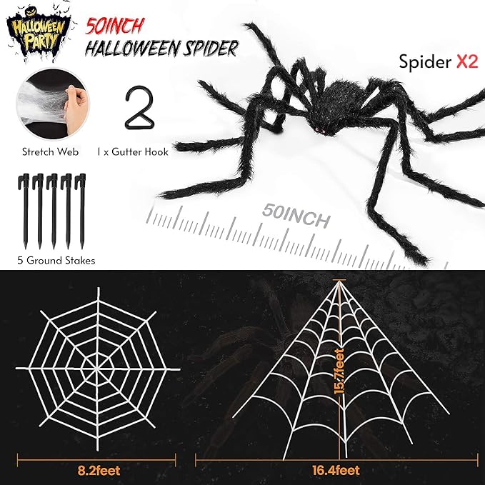 Halloween Decorations, 2Pcs 50'' Giant Spider + 200'' Triangular Spider Web and 100'' Round Spider Web, with Hook, Stretch Web and Ground Pile for Indoor Outdoor Halloween Decor Haunted House Props
