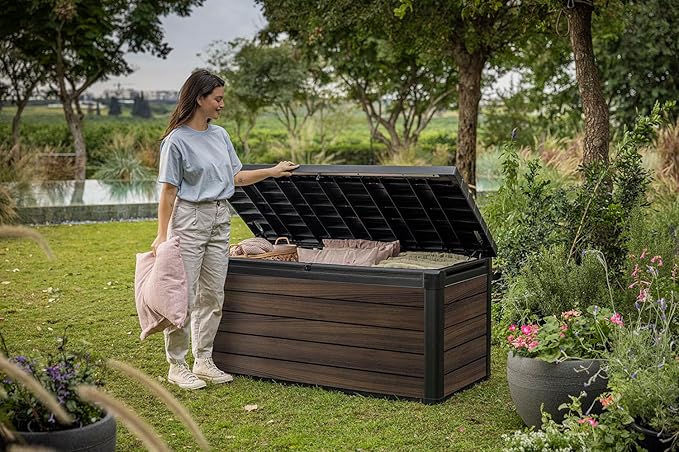 Keter Signature Collection 150 Gallon Resin Deck Box Organization and Storage for Patio Outdoor Cushions, Throw Pillows, Garden Tools and Pool Supplies, Rosewood