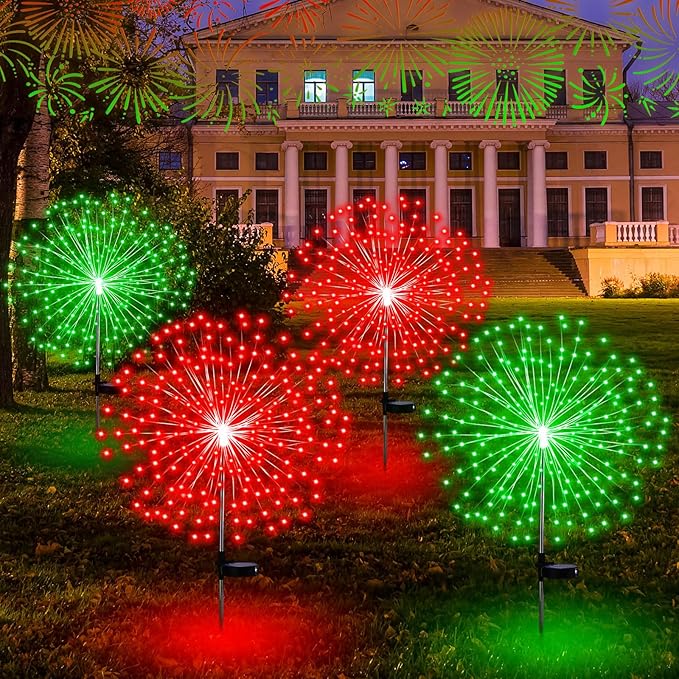 4 Pack Halloween Solar Lights Christmas Solar Firework Lights Outdoor 180 LEDs 8 Modes Waterproof Stake LED Sparkler Decoration Landscape Garden Pathway Patio Walkway Yard Lawn Decor(Red Green)