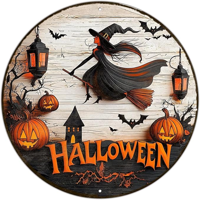 PEACHGARDEN Round Happy Halloween Witch Vintage Sign Pumpkin Metal Tin Sign for Home Bar Kitchen Hotel Dining Room Coffee 12x12inch