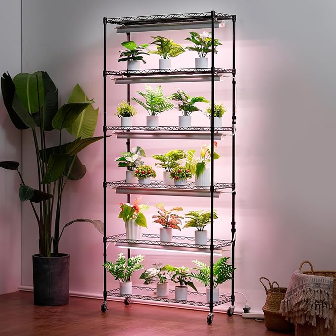 VEVOR Plant Stand with Grow Light, 6-Tier Large Tall Plant Shelf with 150W Full Spectrum Grow Light, 3 Mode LED Plant Light with Timer and Wheel for Seed Starting 29.5" L x 13.8" W x 70.9" H