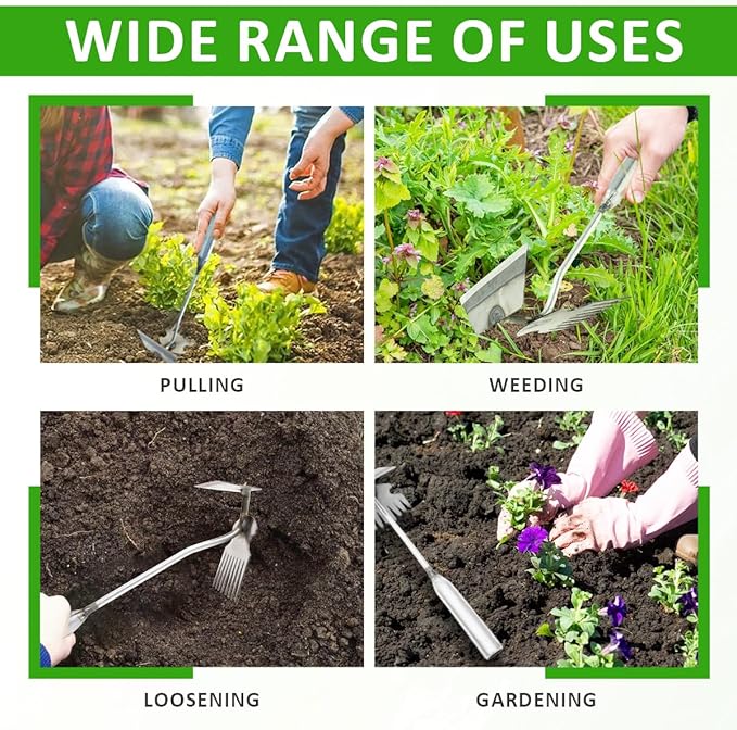 Dual-Head Weed Puller Tool, 2 Pack Heavy Duty Weeder Tool & Weed Remover, Garden Uprooting Tool with Hoe and Rake for Easy Weed Removal