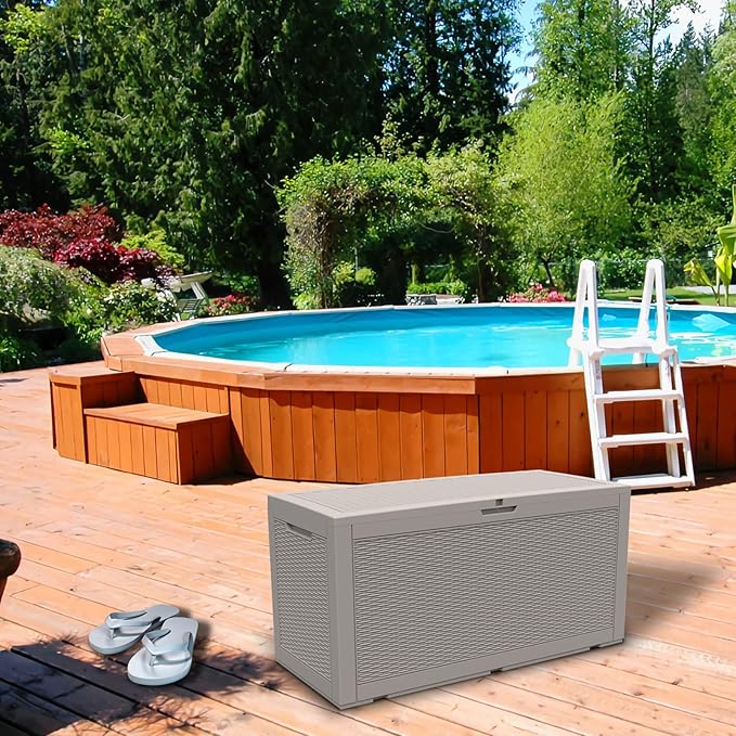 Modern-Depo 100 Gallon Deck Box Waterproof Outdoor Storage Bench Polypropylene PP Garden Tools Pool Towel Storage Bin Porch Delivery Box, Gray