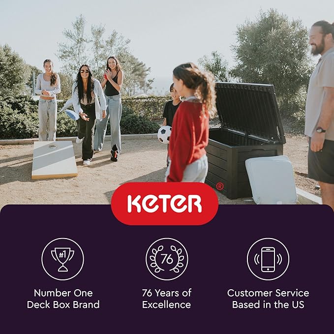 Keter 150 Gallon Resin Large Deck Box Organization and Storage Box for Patio, Outdoor Cushions, Garden Tools, Brown