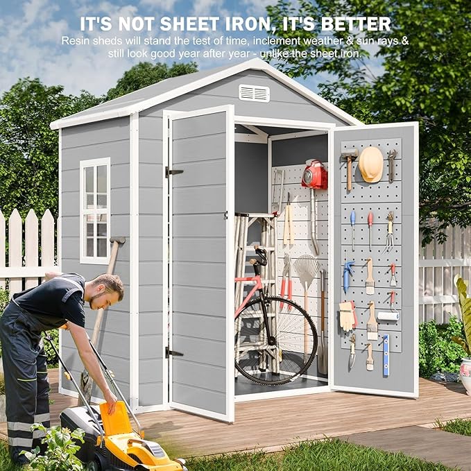 CDCASA 6x3 FT Resin Storage Shed, Waterproof Outdoor Storage Sheds with Floor & Window & Double Lockable Doors, Tool Shed for Garden, Patio, Backyard, Light Grey