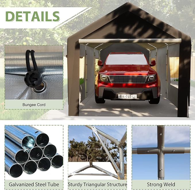 10'x20' Heavy Duty Carport, Garage Car Canopy, with Roll-up Ventilated Windows, Car Shelter w/Side Tarps for Car, Truck, Boat,Gray