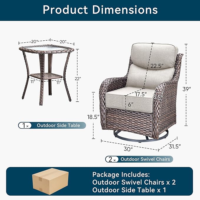 Luxury High Back Outdoor Swivel Rocker Patio Chairs with Side Table & 6-Inch Thick Cushions, 3 Pieces Patio Furniture Set for Porch, Balcony, Deck and Yard