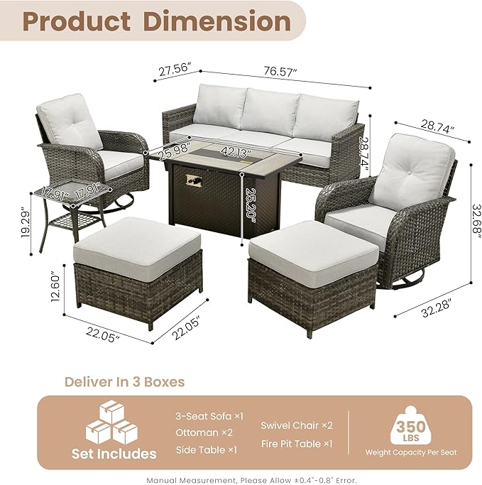 HOOOWOOO Outdoor Patio Furniture Set,7 Pieces Wicker Conversation Set,All Weather Couch Set with Fire Pit Table Swivel Chairs Ottoman 7 Seaters for Out Door Yard(Light Gray)