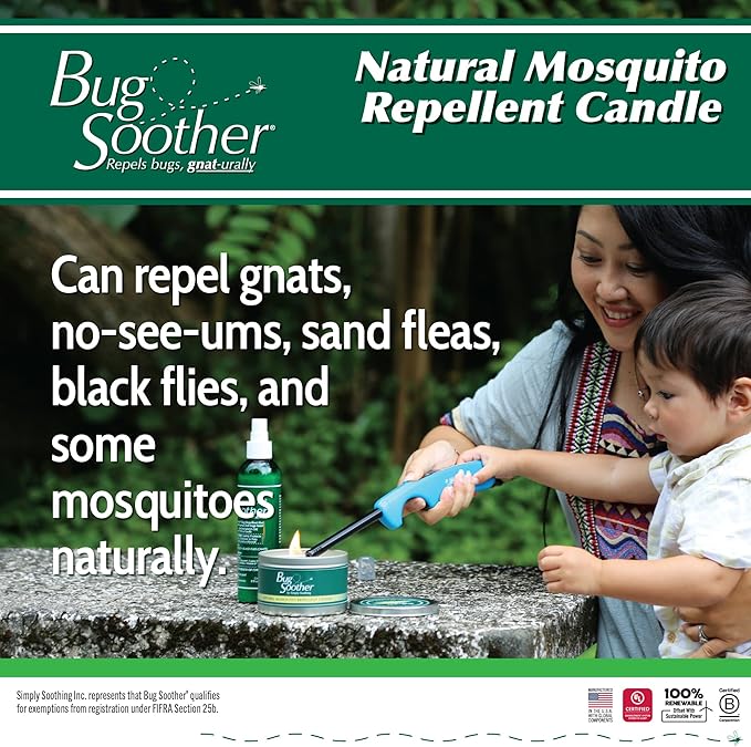 Bug Soother - Natural Insect, Gnat and Mosquito Repellent Candle, 1oz Bottle of Bug Spray Deterrent - Safe for Adults, Kids, Pets, Environment - Made in USA