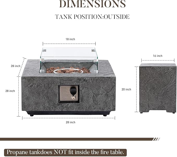 Cosiest Propane Fire Pit with Wind Guard&Tank Cover for Outside, 28 in Square Gas Fire Pits for Outdoor Patio, CSA Certified, 50000 BTU Concrete Rectangle Base with Rain Cover, Free Lava Rocks
