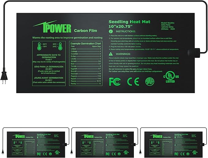iPower 4 Pack 10" x 20.75" Seeding Heat Mat Upgraded Carbon Film Indoor Warm Hydroponic Plant Germination Starting Pad Durable Waterproof