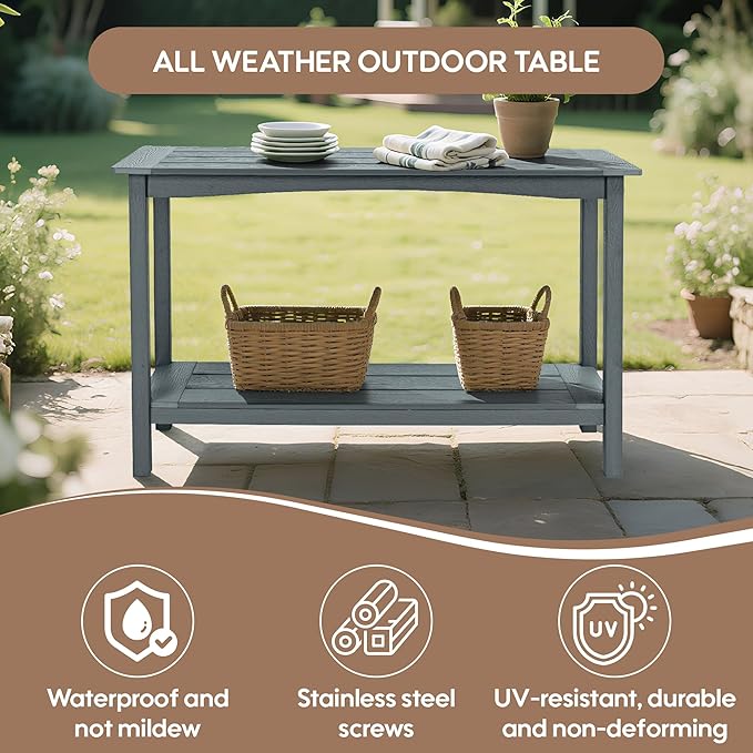 Weatherproof HIPS Outdoor Console Table, 48'' 2-Shelf SideTable Indoor/Outdoor Use, Multifunctional Buffet Table Bar Storage Organizer for Entryway,Yard, Patio, Outside Plant Stand Table, Grey