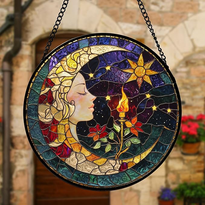 Stained Glass Window Hanging, Moon Goddess Torch Suncatcher Diamond Glass Panel Hangings Dream Sun Catchers Decor for Birthday for Women, Men, Wife, Aunt, and Mom 9.8 in