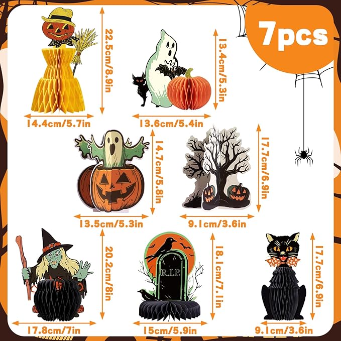 7PCS Halloweens Honeycomb Centerpieces, Halloween Party Decorations, Black Cat Ghost Table Centerpieces Spooky Theme Birthday Table Toppers for Home Mantel Tray Halloween Party Decor